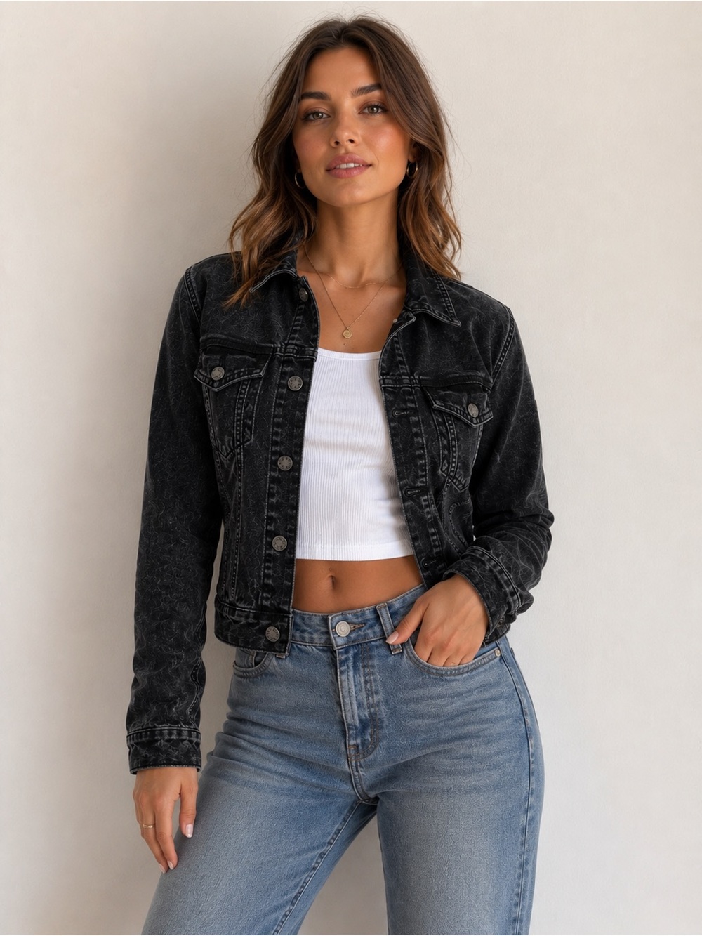 Lucky Brand Black Acid Wash Denim Jacket Trucker Grunge Moto Large Size